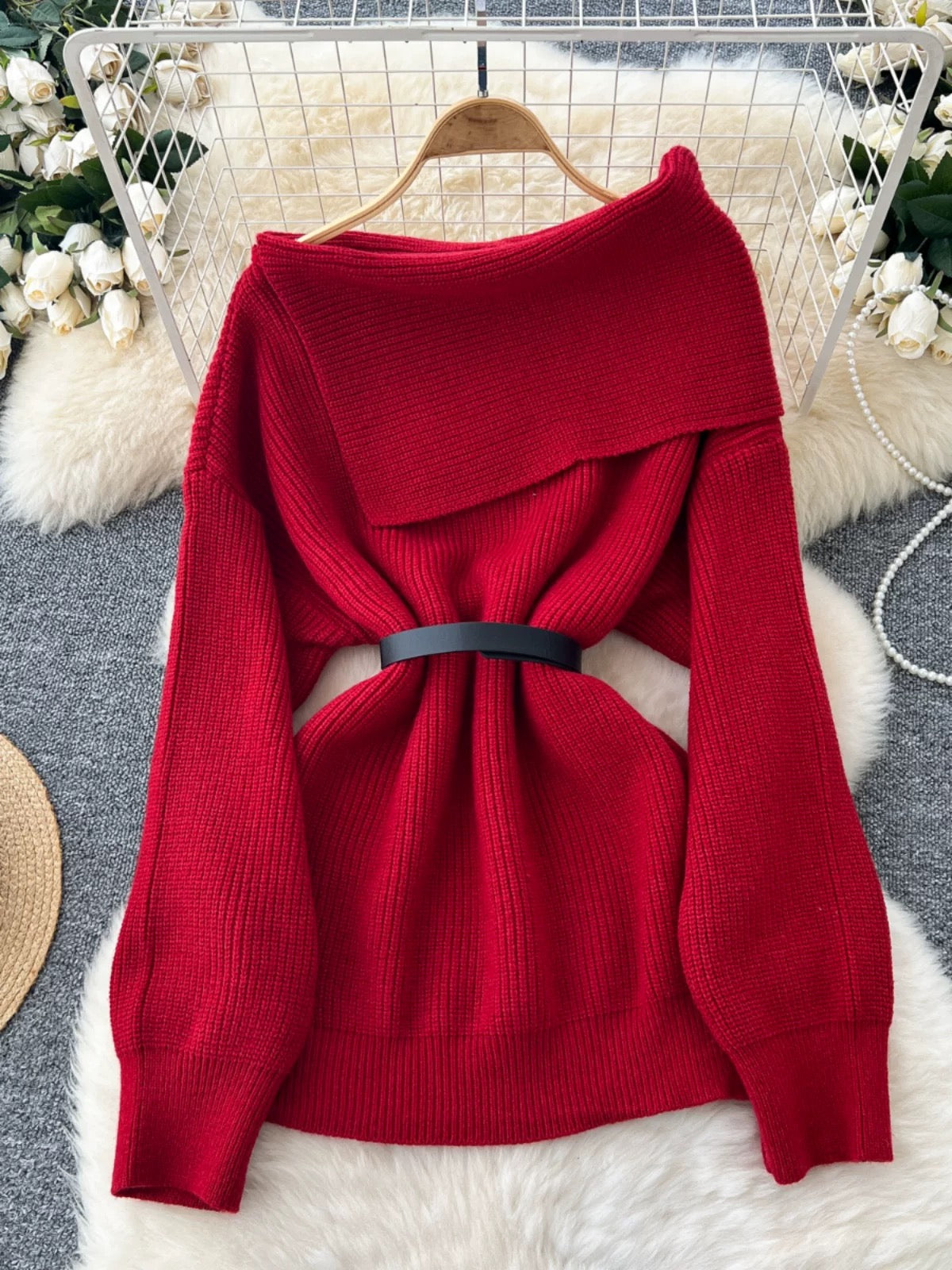 Amira Woolen Sweater with Belt In Red